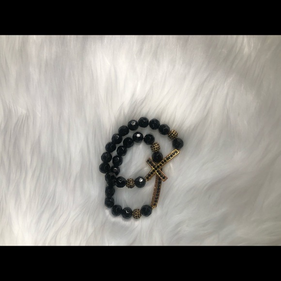Jewelry - Black and gold  beaded cross bracelet